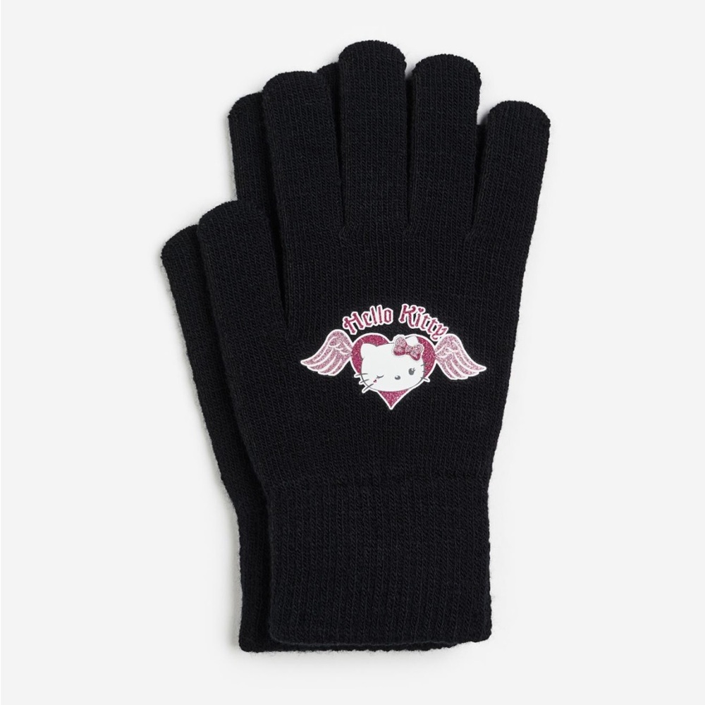 Kids hello kitty printed motif black gloves